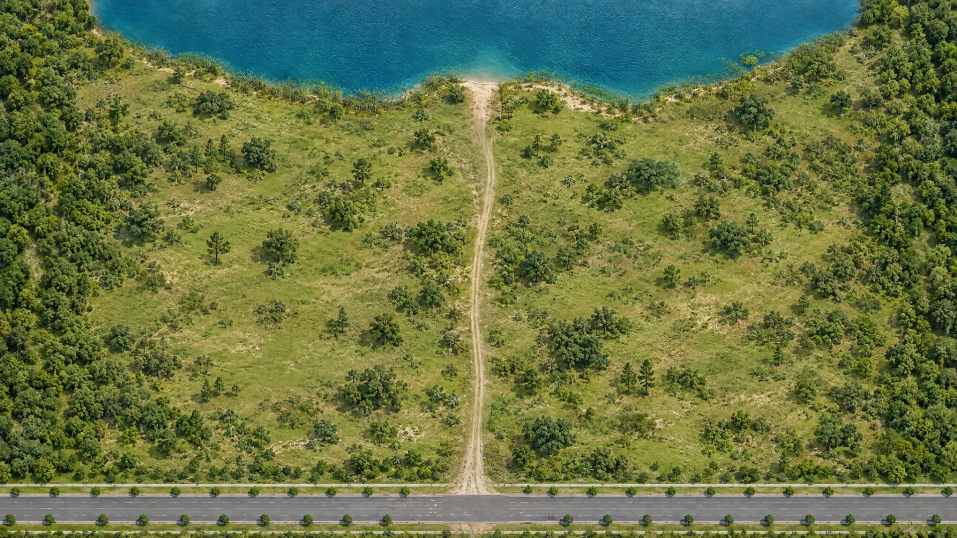 Empty wooded land beside the lake before Kestrel Point was built