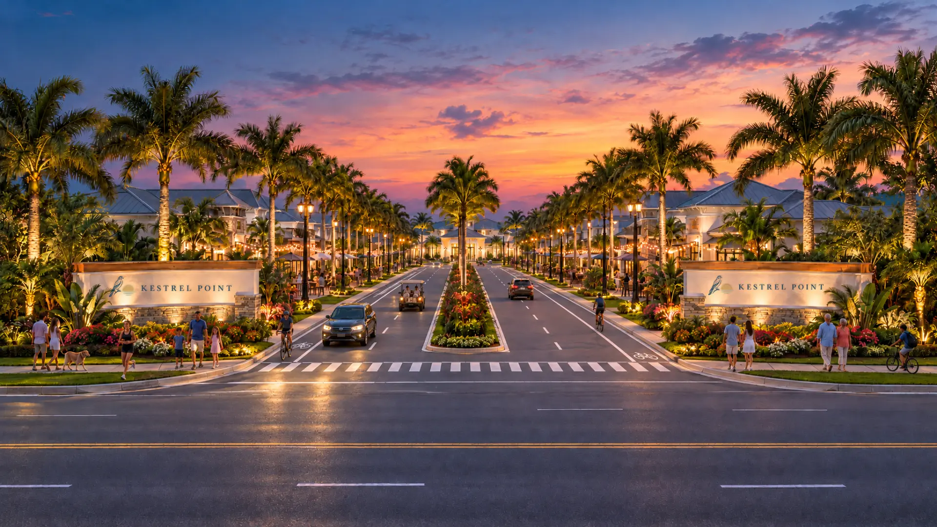 The palm-lined entrance to Kestrel Point at sunset